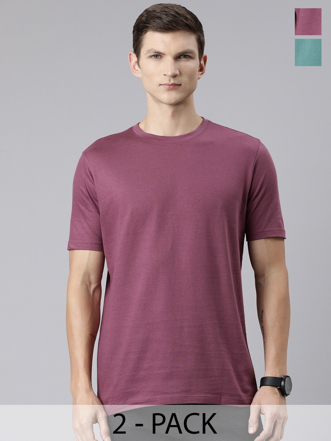 

Huetrap Pack of 2 Round Neck Pure Cotton T-shirts, Mauve