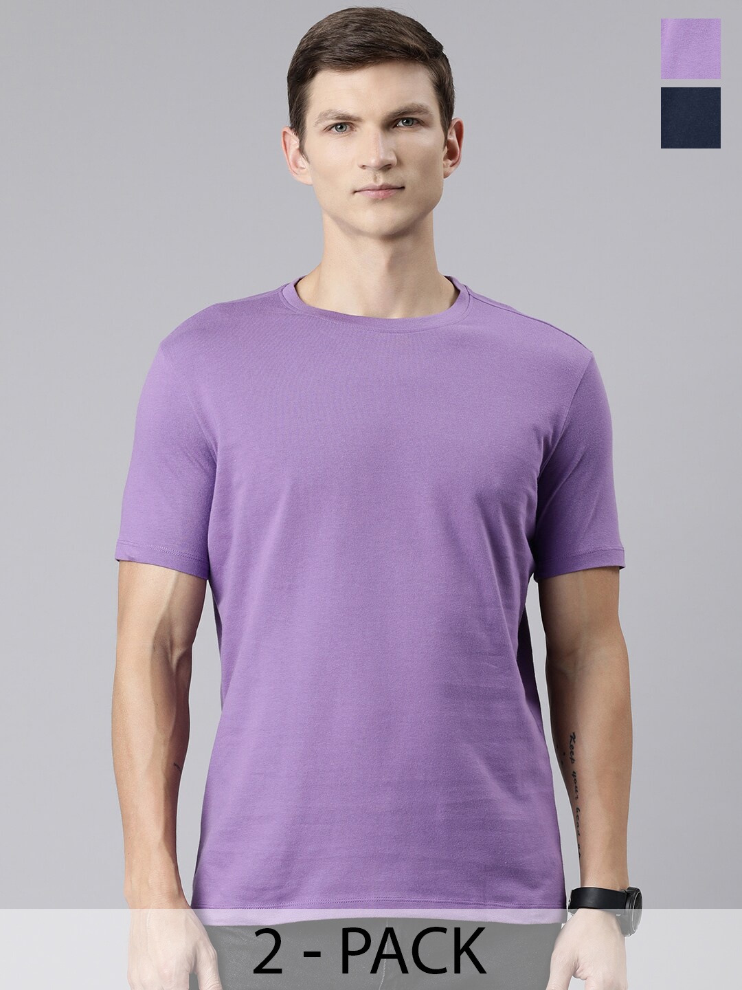 

Huetrap Pack of 2 Round Neck Pure Cotton T-shirts, Lavender