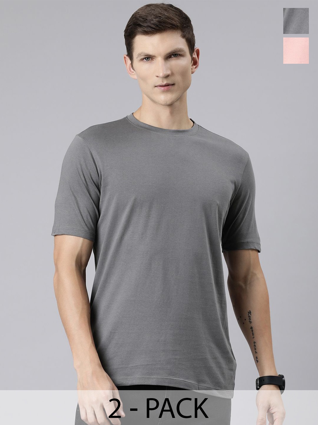 

Huetrap Pack of 2 Round Neck Pure Cotton T-shirts, Charcoal