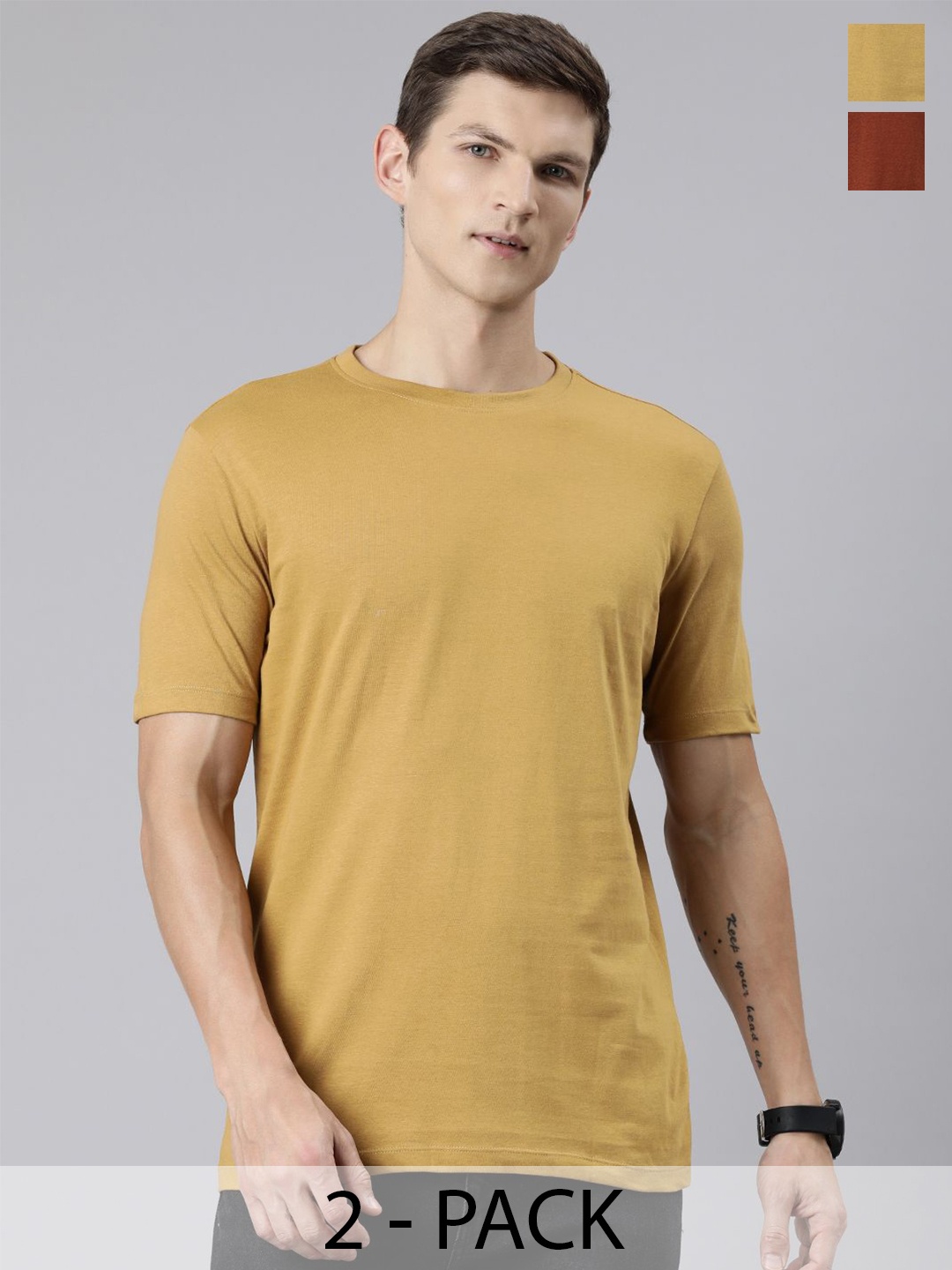 

Huetrap Pack of 2 Round Neck Pure Cotton T-shirts, Brown