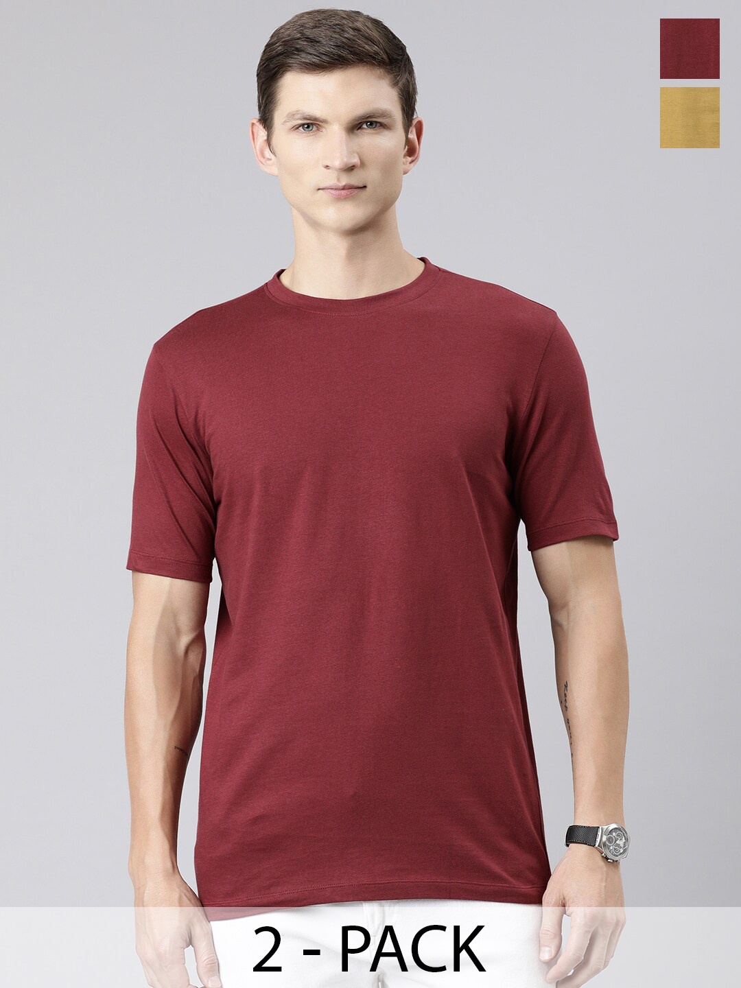 

Huetrap Pack of 2 Round Neck Pure Cotton T-shirts, Maroon