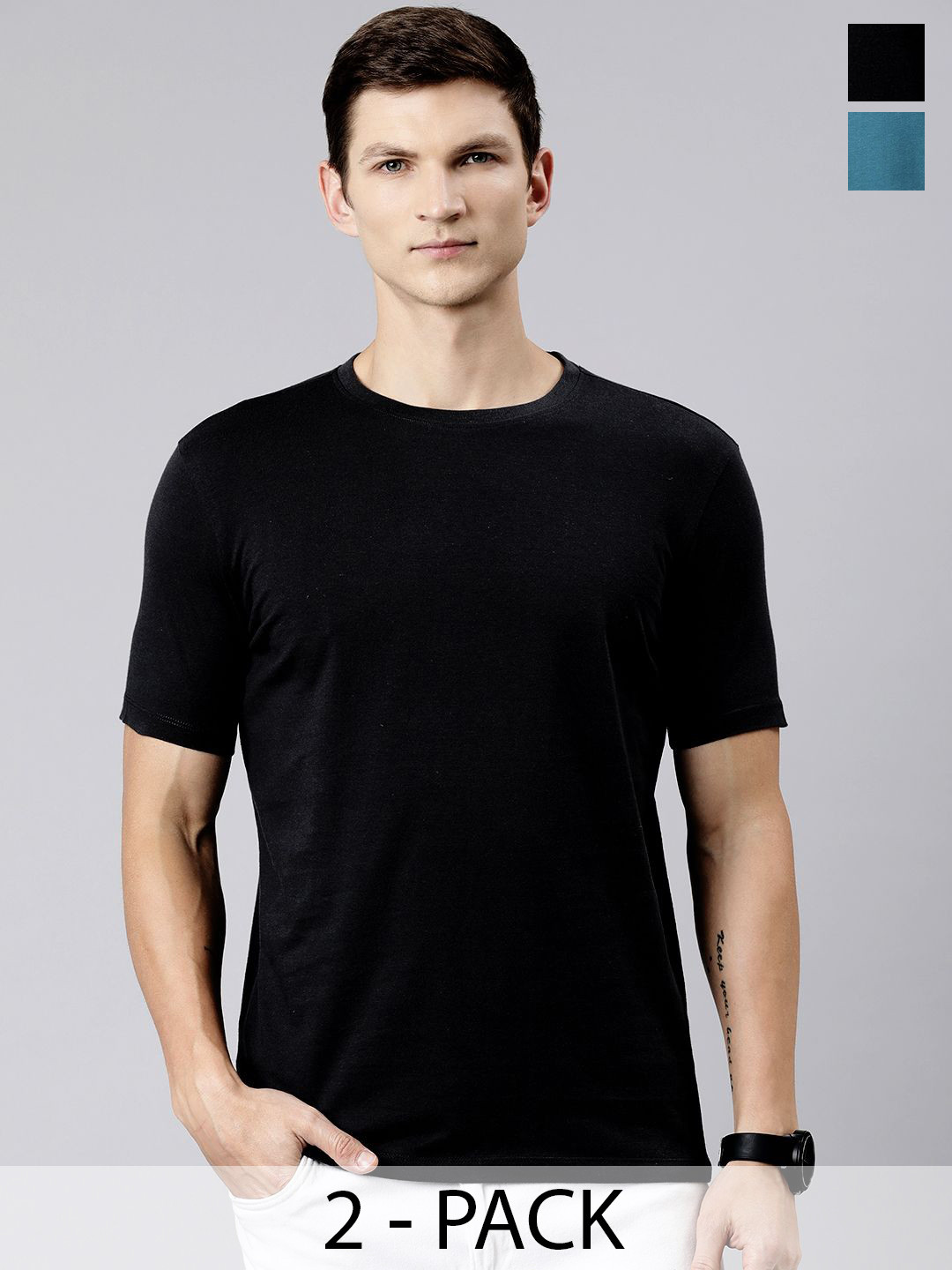

Huetrap Pack of 2 Round Neck Pure Cotton T-shirts, Black