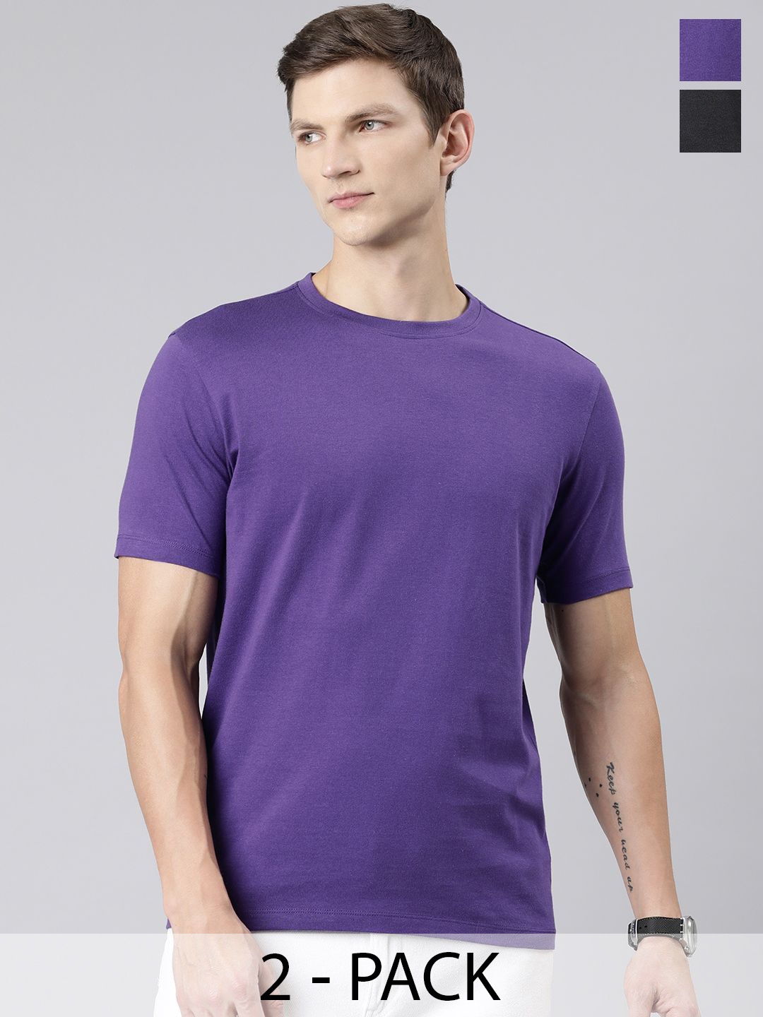 

Huetrap Pack of 2 Round Neck Pure Cotton T-shirts, Purple