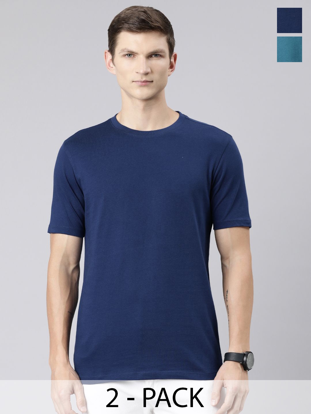 

Huetrap Pack of 2 Round Neck Pure Cotton T-shirts, Navy blue