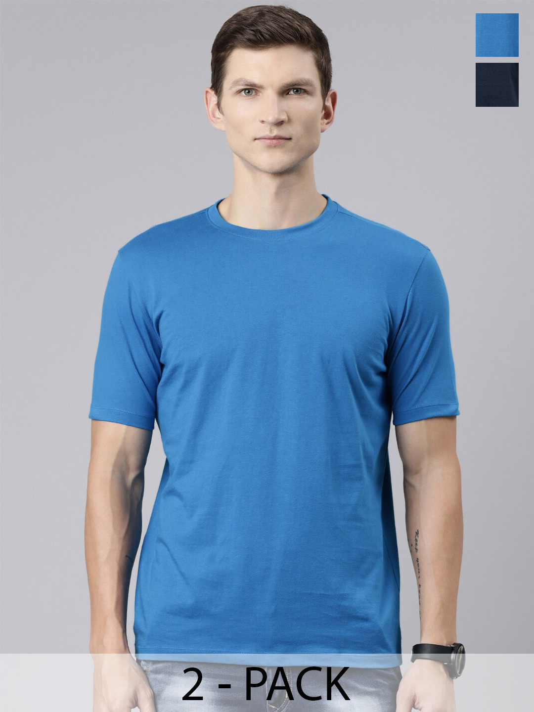 

Huetrap Pack of 2 Round Neck Pure Cotton T-shirts, Blue