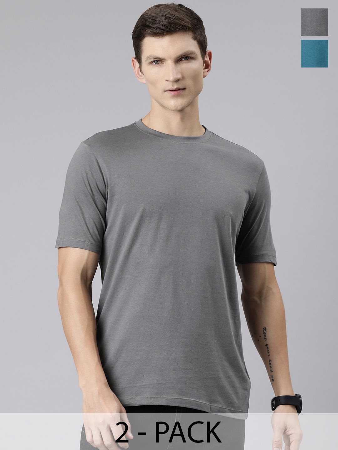 

Huetrap Pack of 2 Round Neck Pure Cotton T-shirts, Charcoal