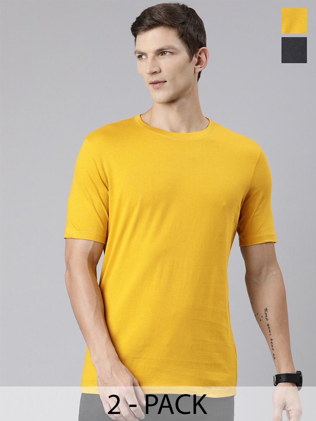 

Huetrap Men Set Of 2 Solid Round Neck T-shirts, Yellow