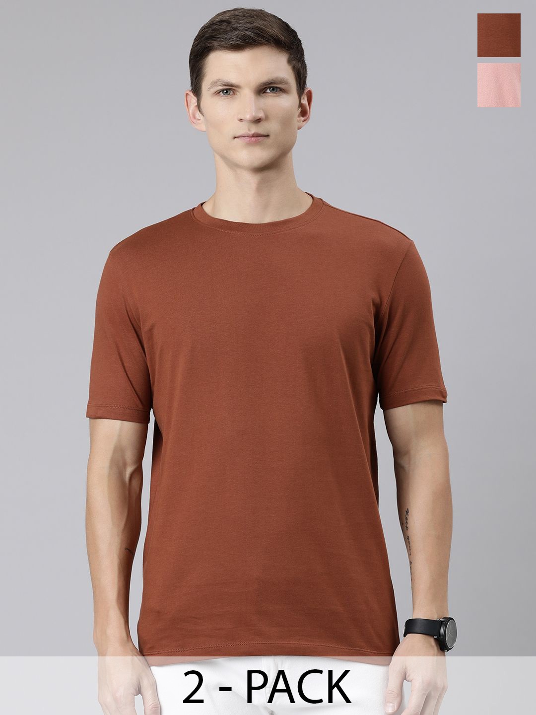 

Huetrap Pack Of 2 Pure Cotton T-shirts, Brown