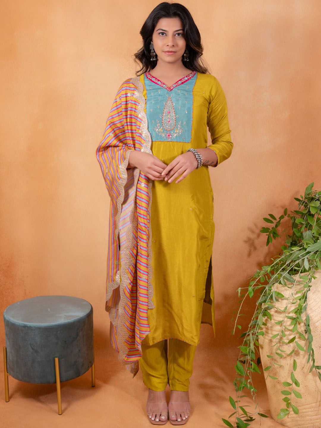 

THE52 Ethnic Motifs Yoke Design Sequinned Straight Kurta With Trousers & Dupatta, Mustard