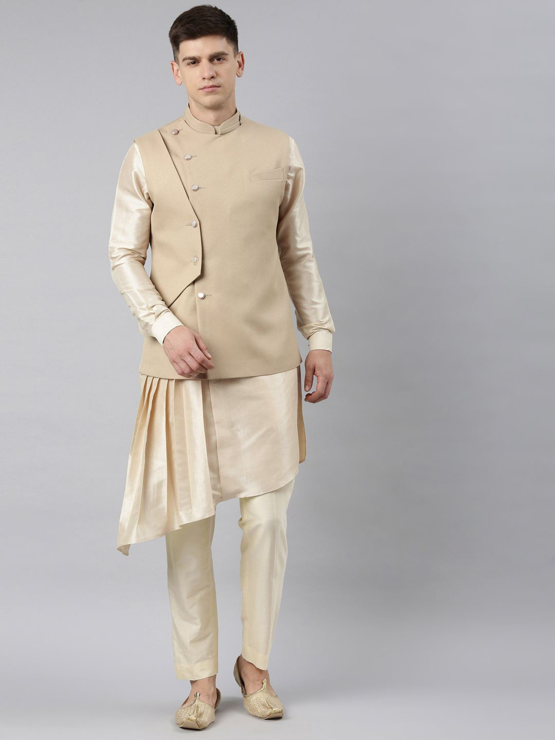 

TheEthnic.Co Band Collar Pleated Straight Kurta With Trousers & Nehru Jacket, Beige