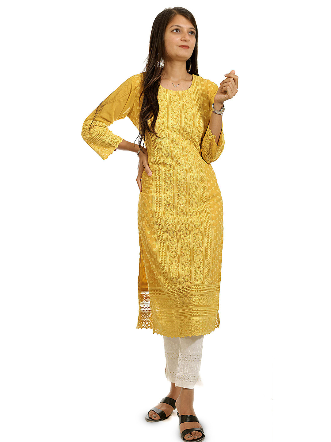 

BAESD Schiffli Design Embroidered Georgette Straight Kurta, Yellow
