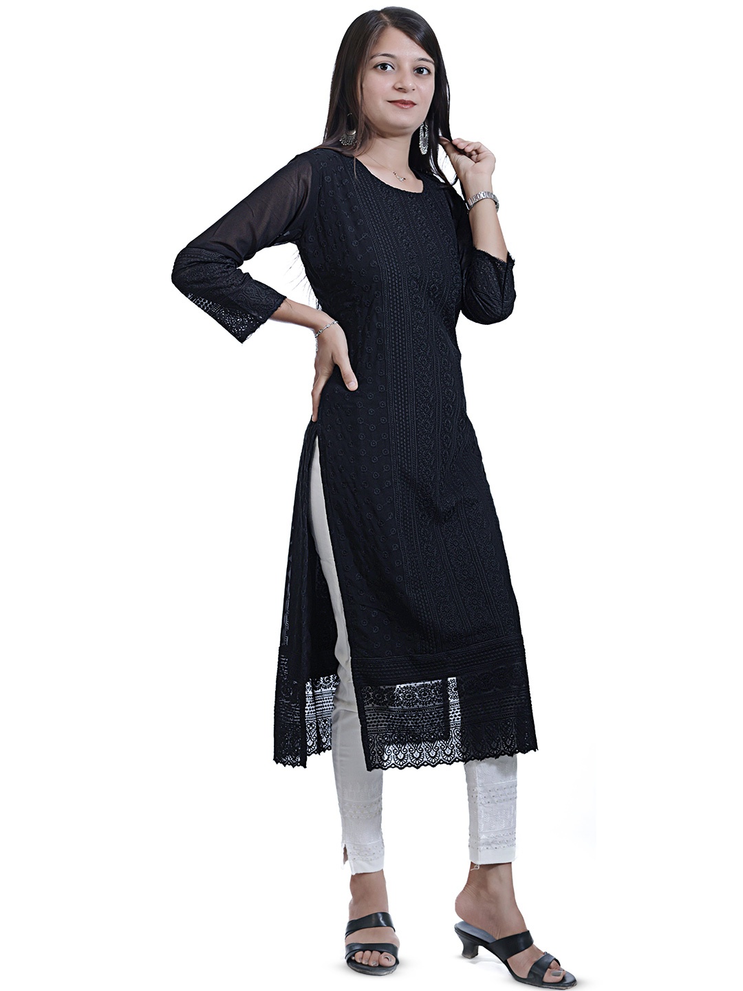 

BAESD Schiffli Design Embroidered Georgette Straight Kurta, Black
