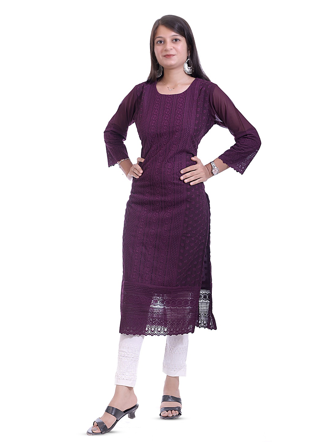 

BAESD Floral Schiffli Embroidered Round Neck Straight Kurta, Purple