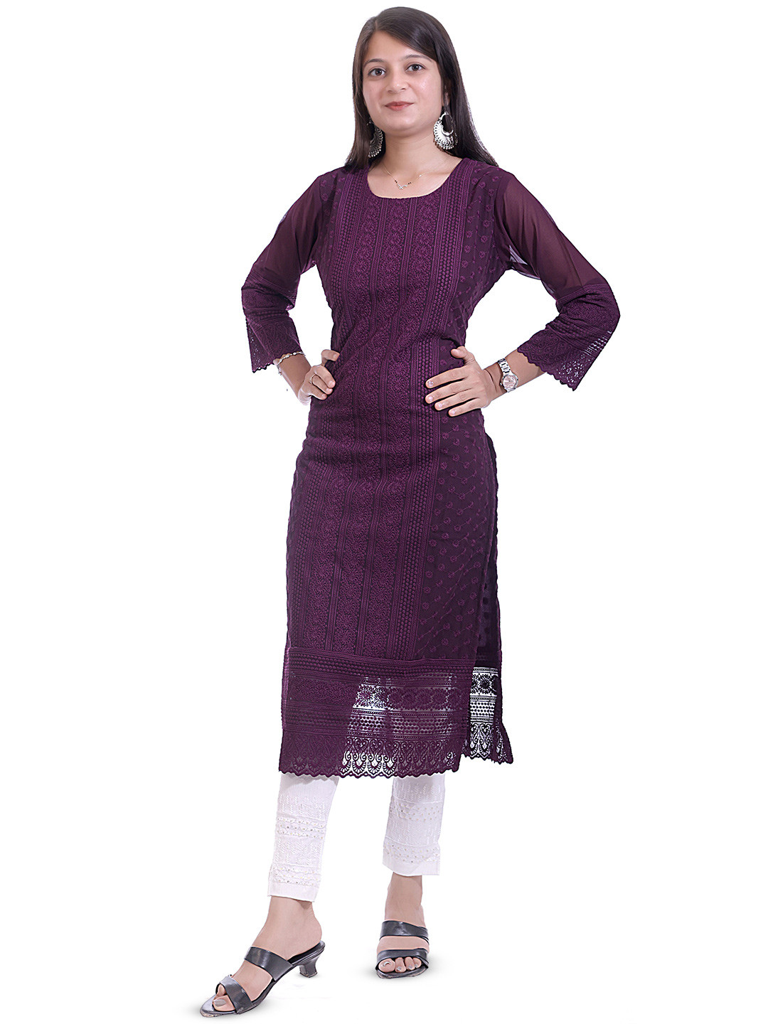

BAESD Ethnic Motifs Embroidered Schiffli Thread Work Georgette Kurta, Purple
