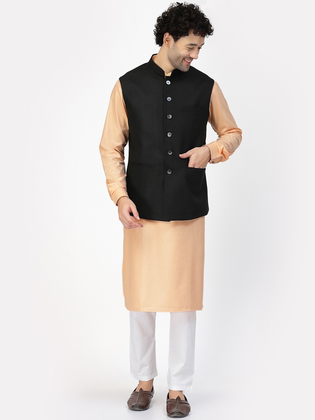 

MOHANLAL SONS Woven Jute Cotton Nehru Jacket, Black