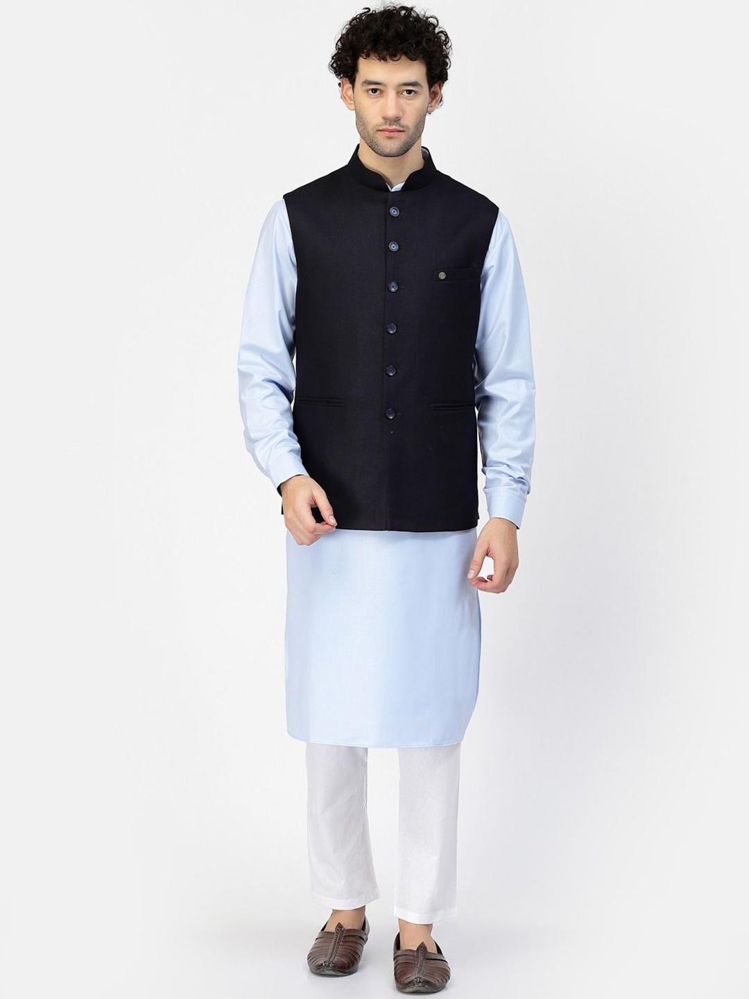 

MOHANLAL SONS Woven Jute Cotton Nehru Jacket, Navy blue