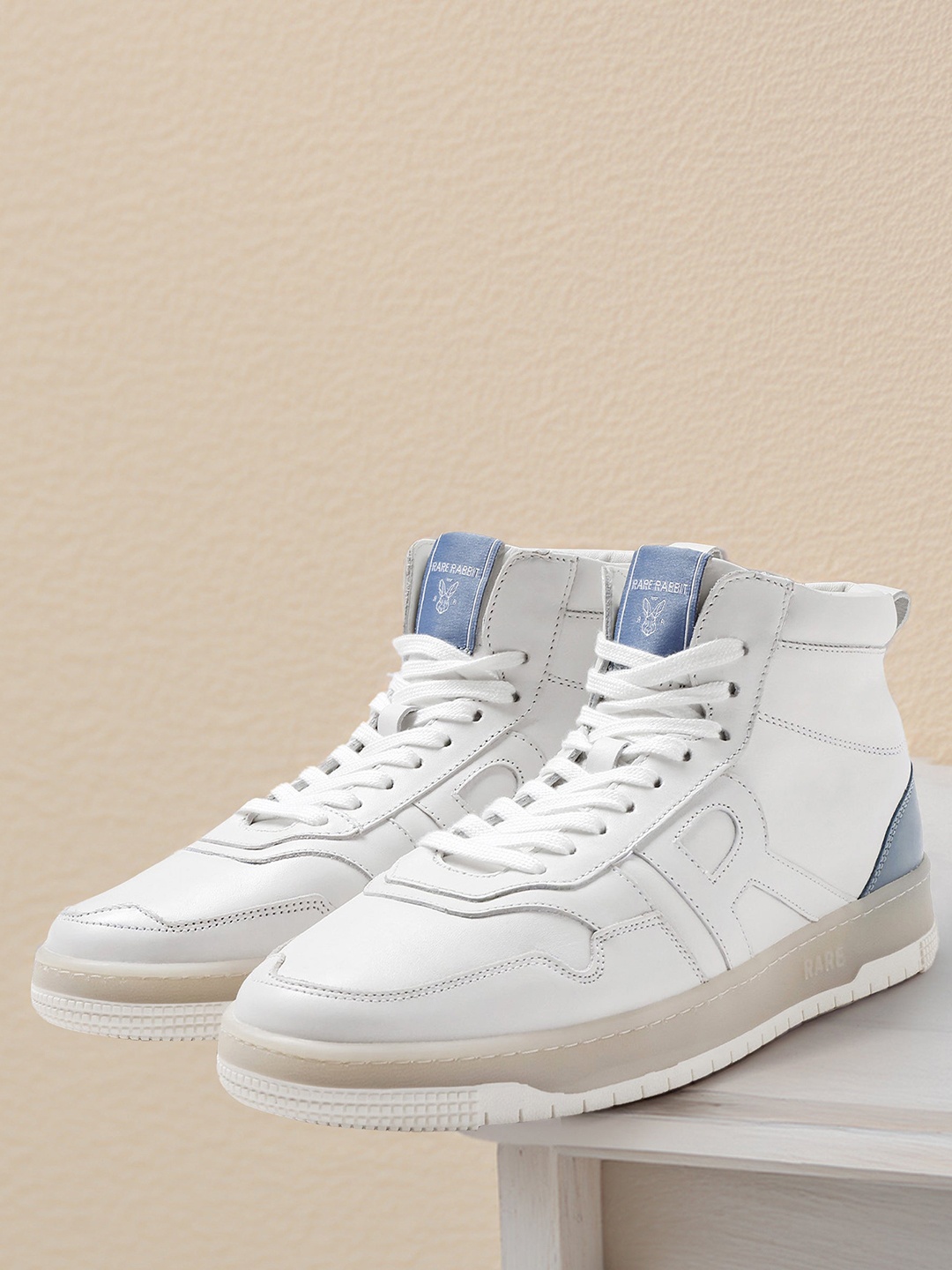 

RARE RABBIT Men Nebula High Round Toe Leather Sneakers, White