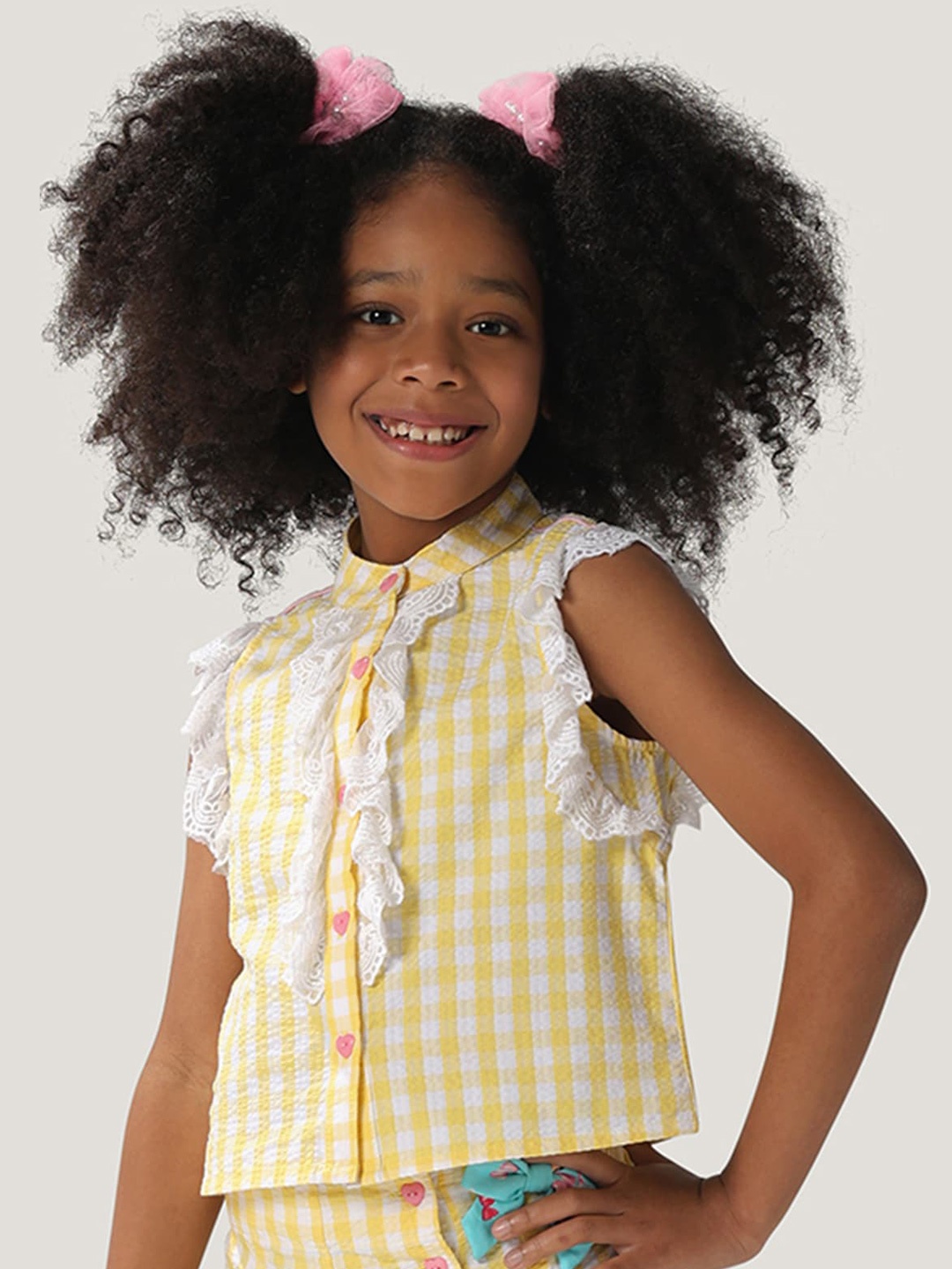 

One Friday Checked Mandarin Collar Lace Up Detail Cotton Top, Yellow