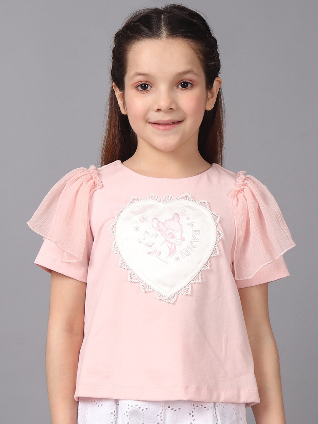 

One Friday Cotton Applique Round Neck Flutter Sleeves Top, Pink