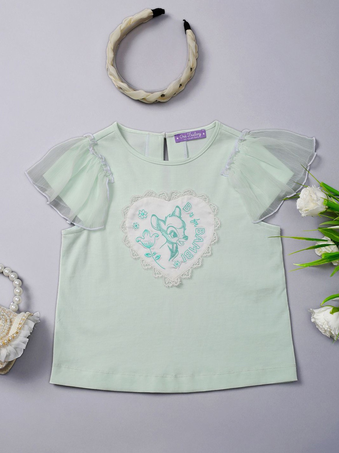

One Friday Graphic Printed Flared Sleeve Cotton Top, Olive