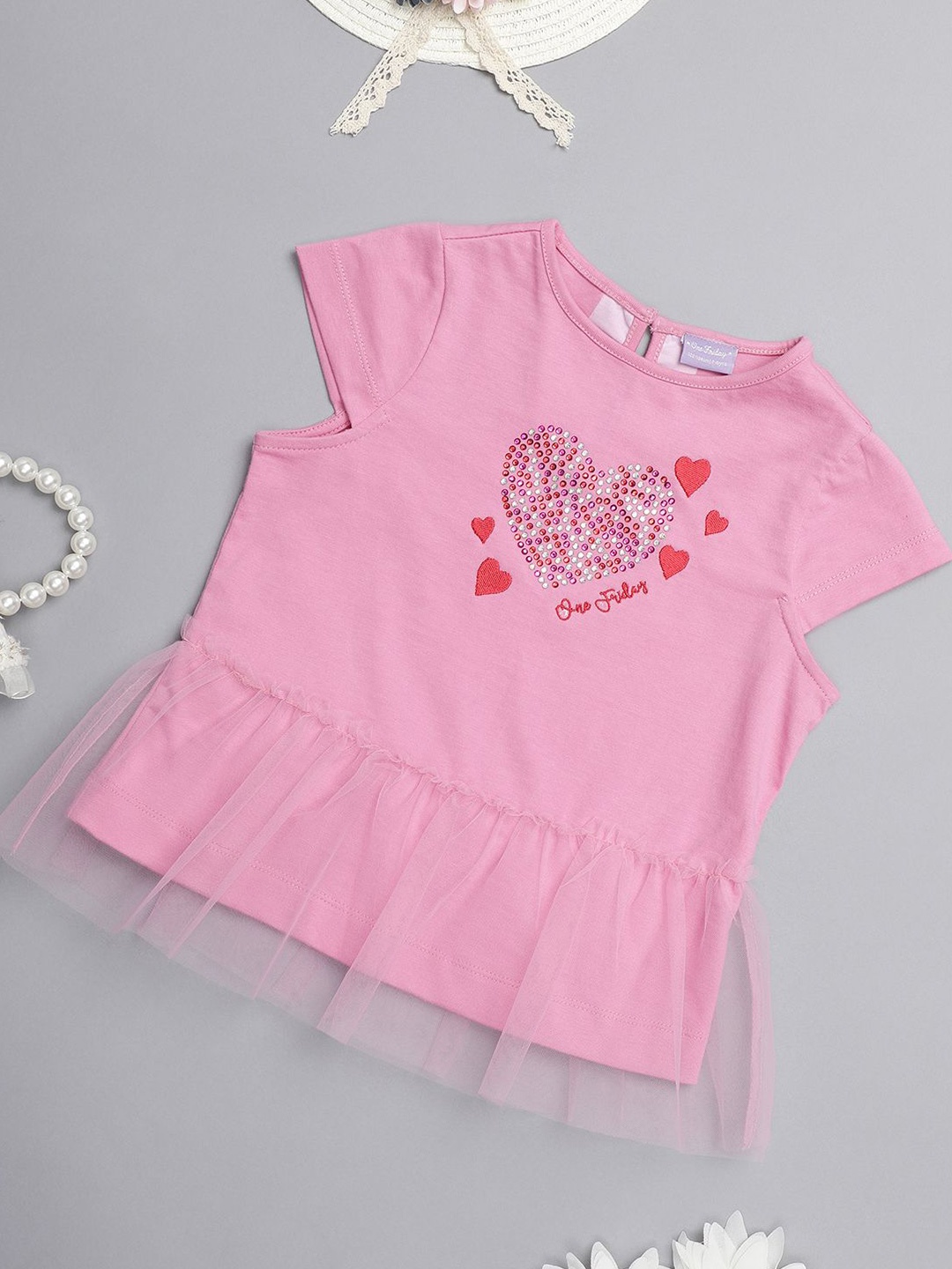 

One Friday Girls Graphic Printed Cape Sleeves Cotton Top, Pink