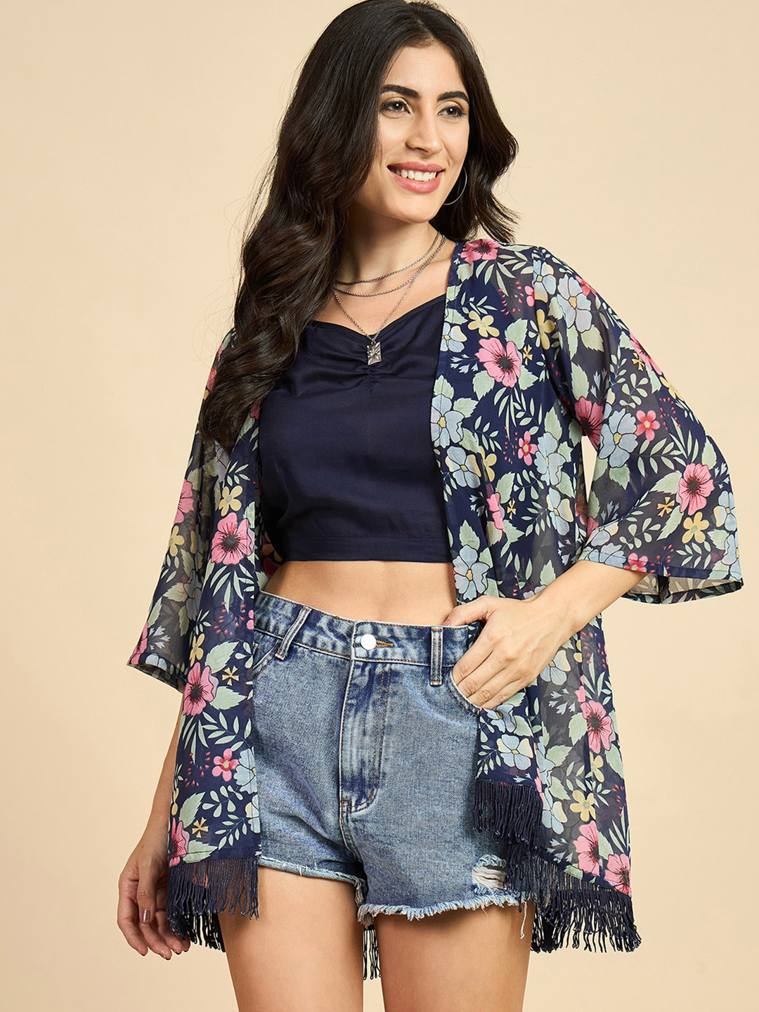 

Azira Floral Printed Georgette Front Open Shrug, Navy blue