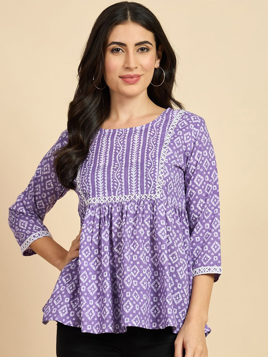 

Azira Geometric Printed Round Neck Cotton Empire Top, Lavender