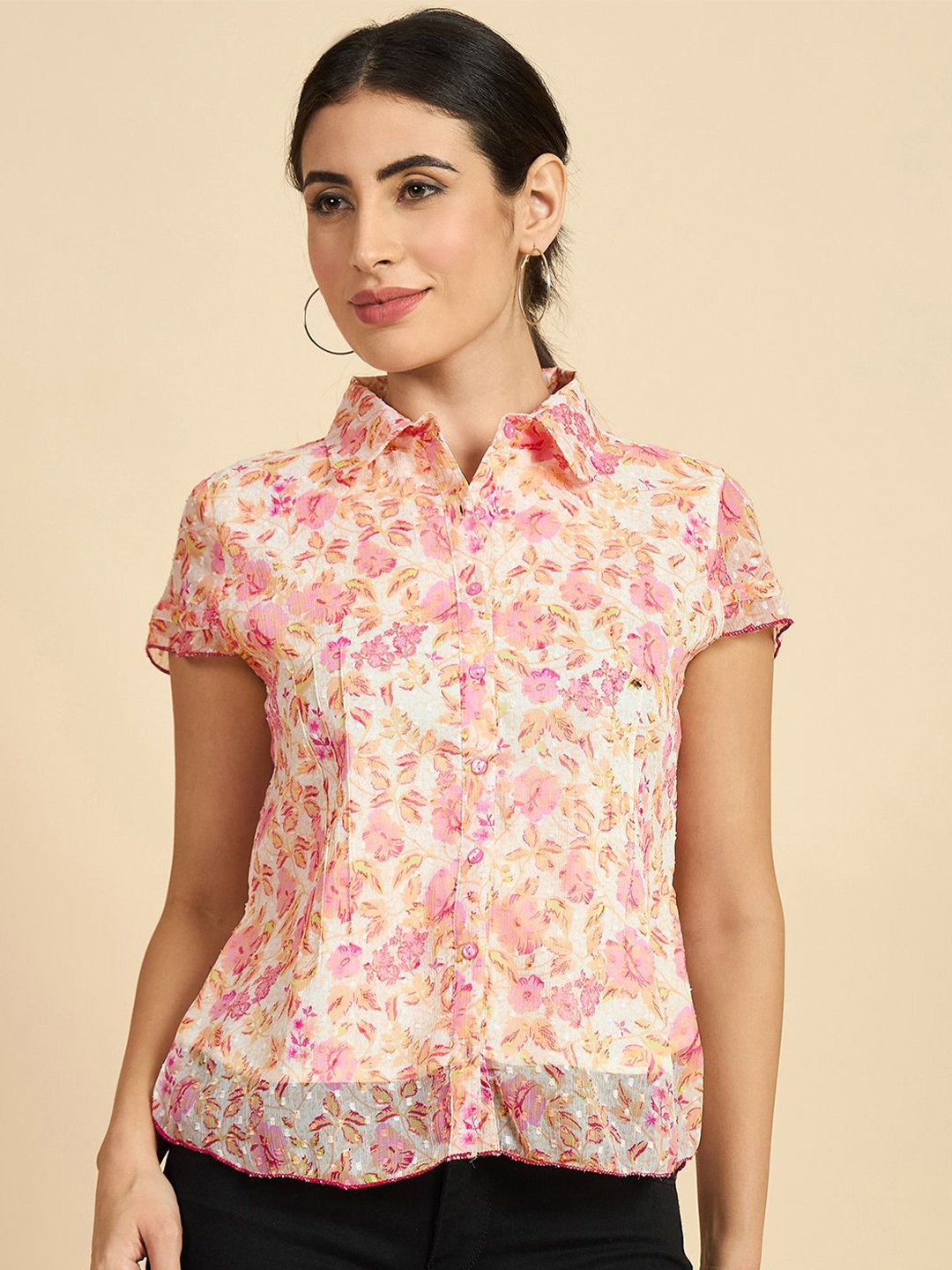 

Azira Floral Printed Shirt Style Sheer Top, Pink