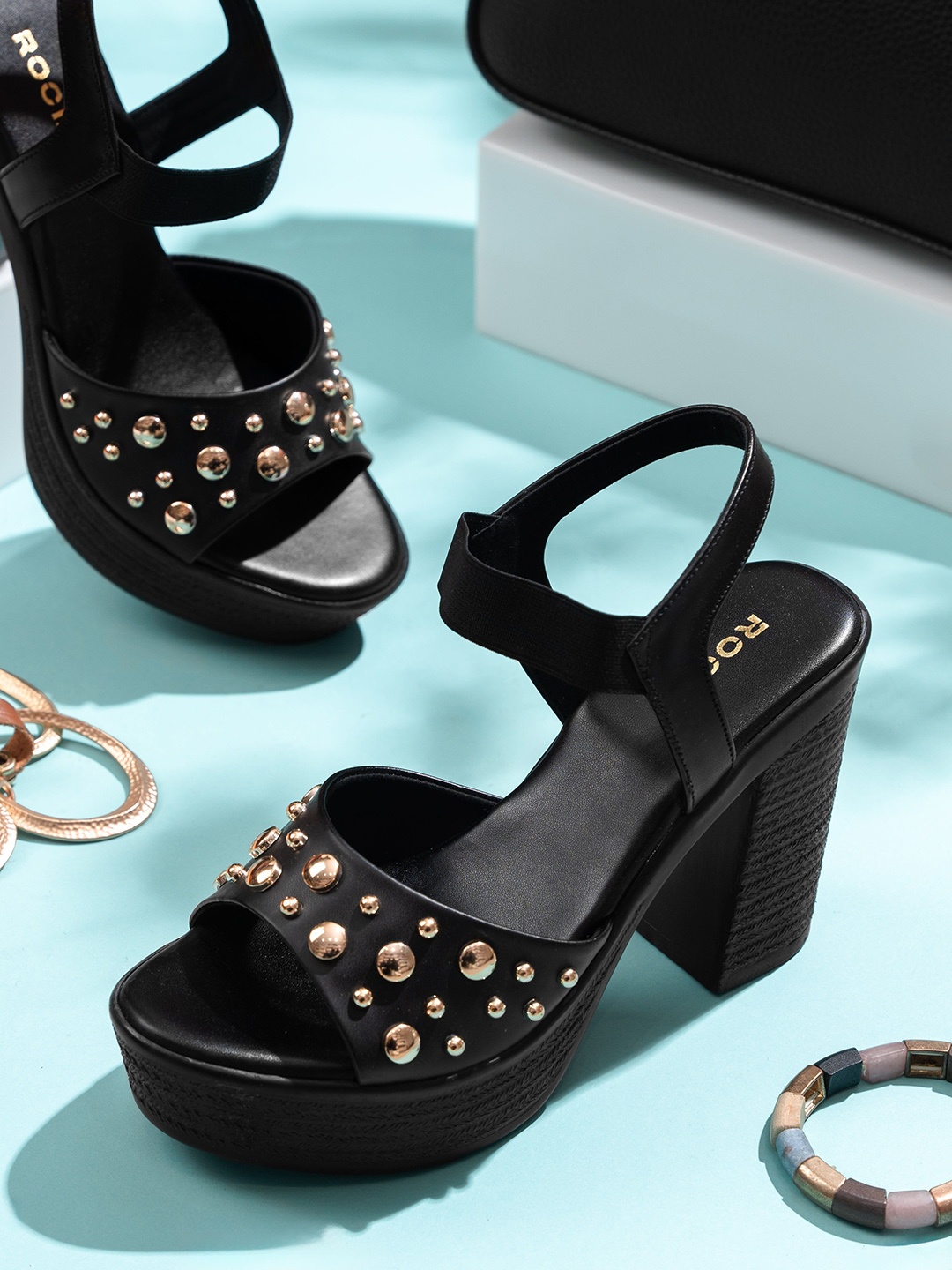 

Rocia Embellished Open Toe Block Heels, Black