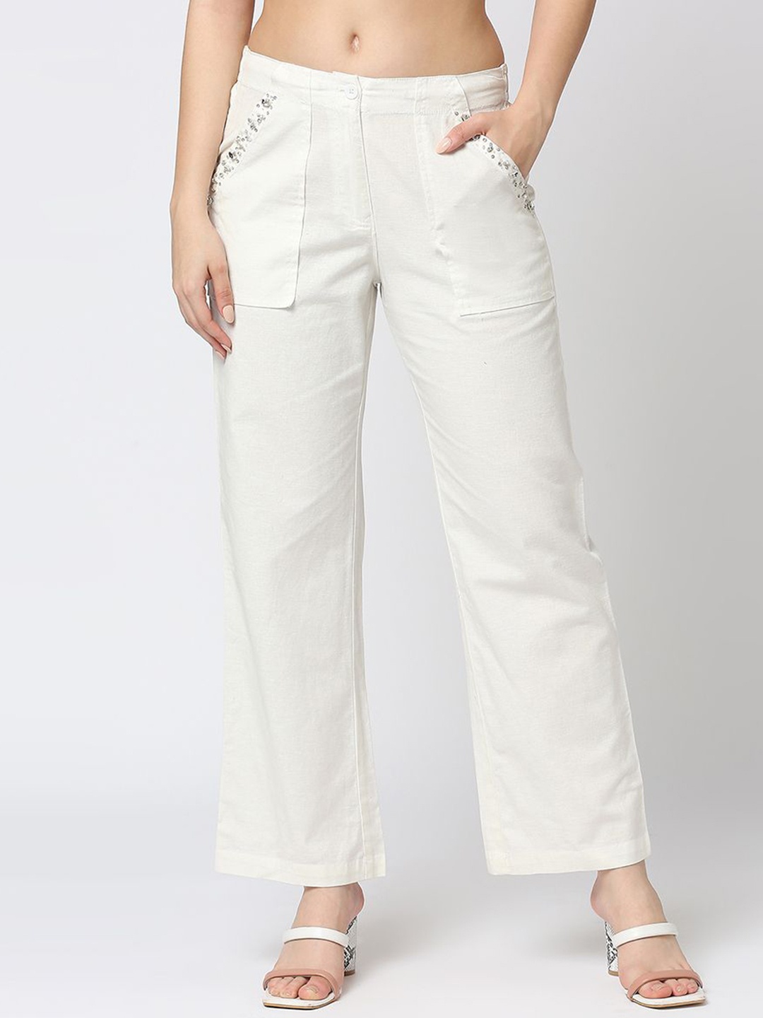 

EMBLAZE Women Embellished Smart Cotton Trousers, White