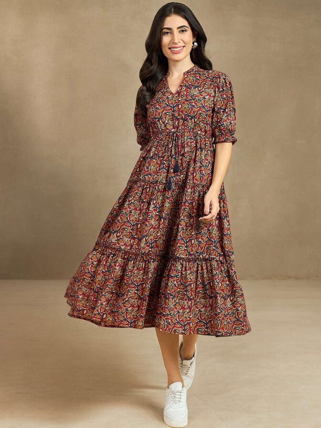 

Azira Ethnic Motif Print Mandarin Collar Short Puff Sleeves Cotton A-Line Midi Dress, Brown