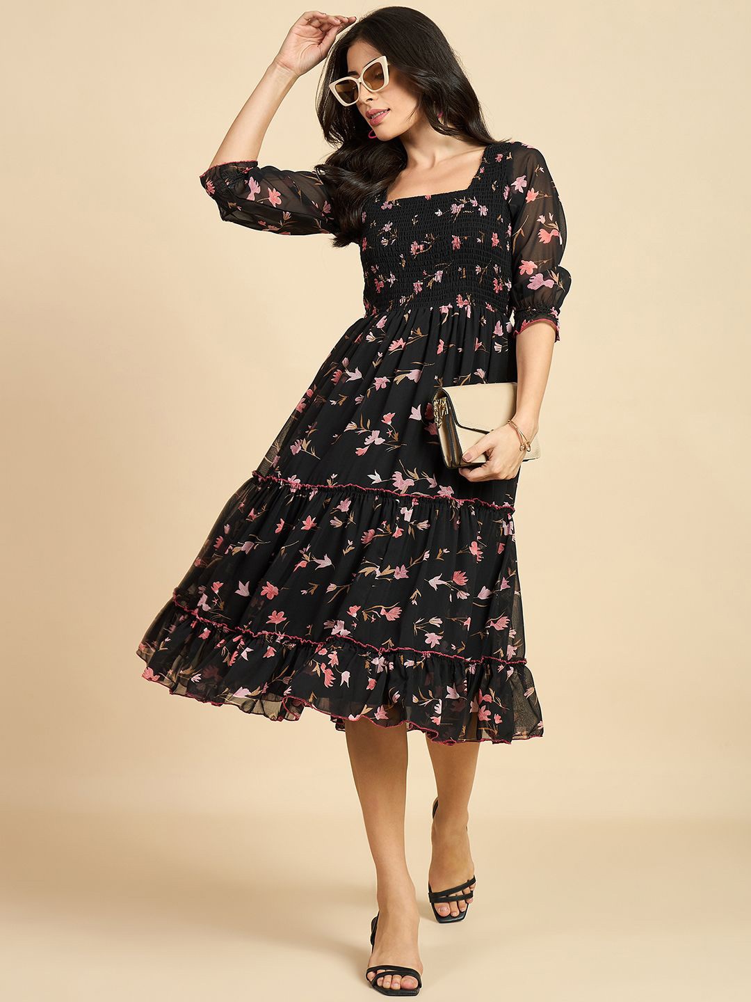 

Azira Floral Print Puff Sleeve Georgette Fit & Flare Midi Dress, Black