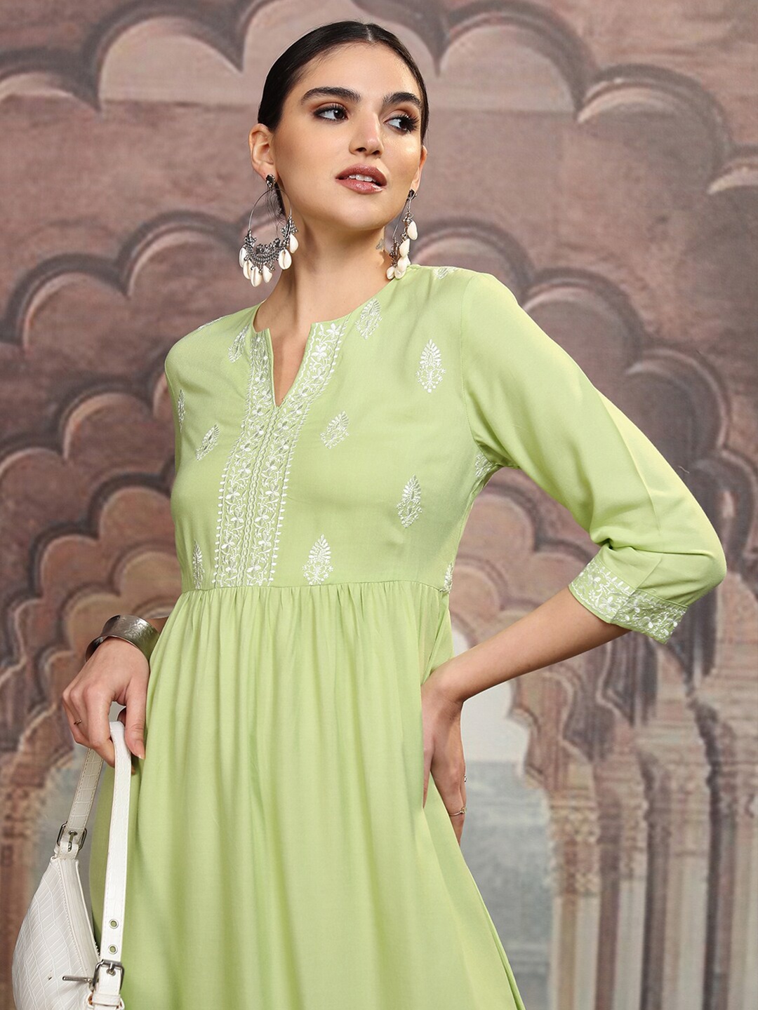 

Vishudh Women Embroidered Fit and Flare Midi Dress, Green