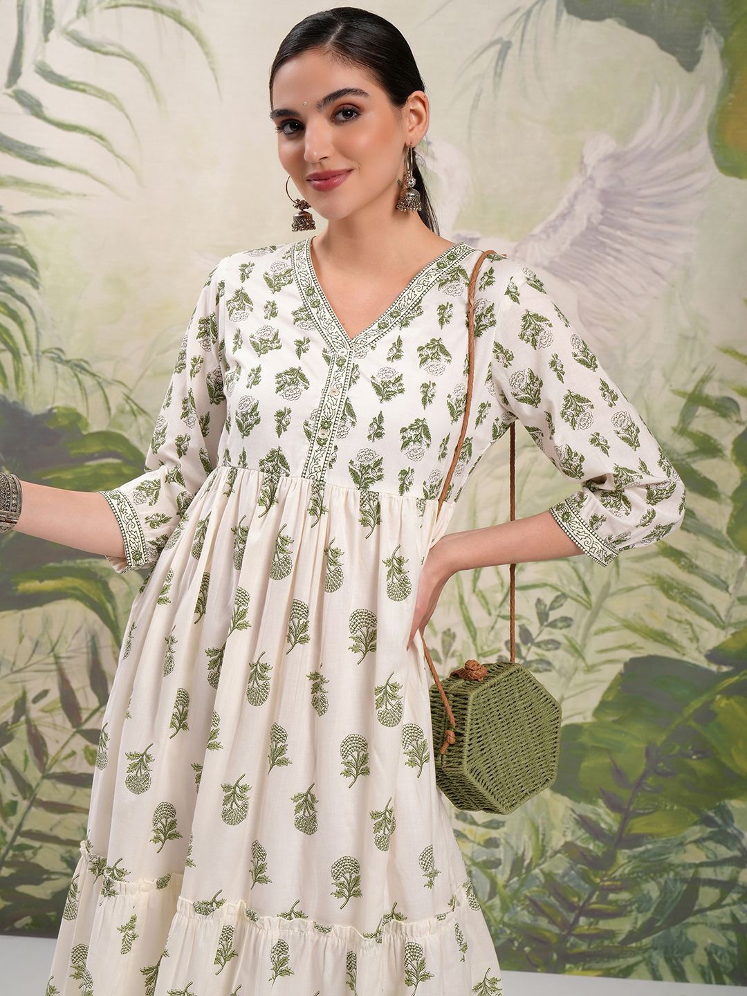 

Vishudh Cream & Green Floral Printed V-Neck Cotton A-Line Midi Dress
