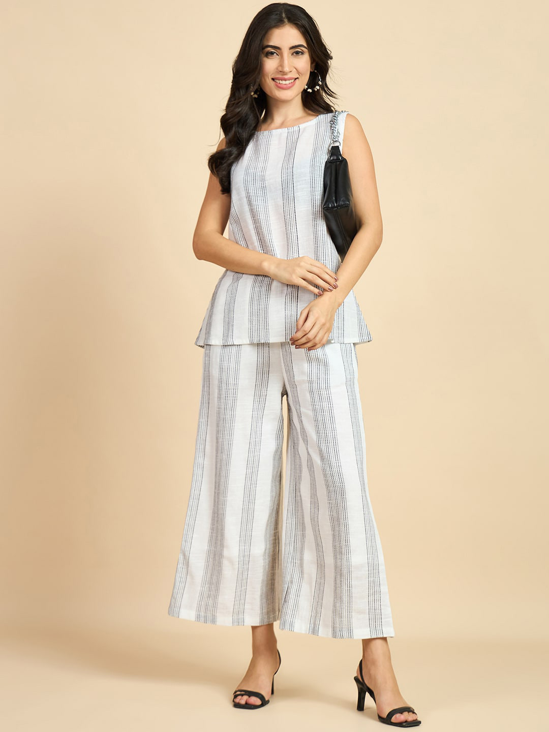 

Azira Striped Pure Cotton Top With Palazzo, White