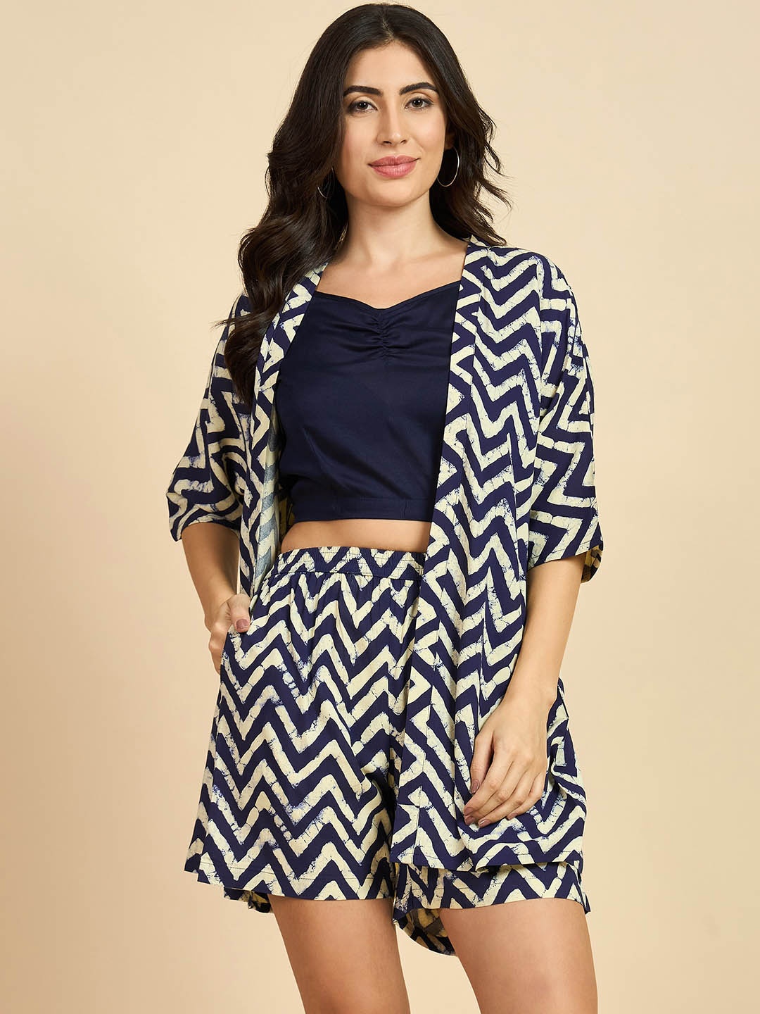 

AZIRA Abstract Printed Shoulder Straps Top, Coat With Trousers, Navy blue