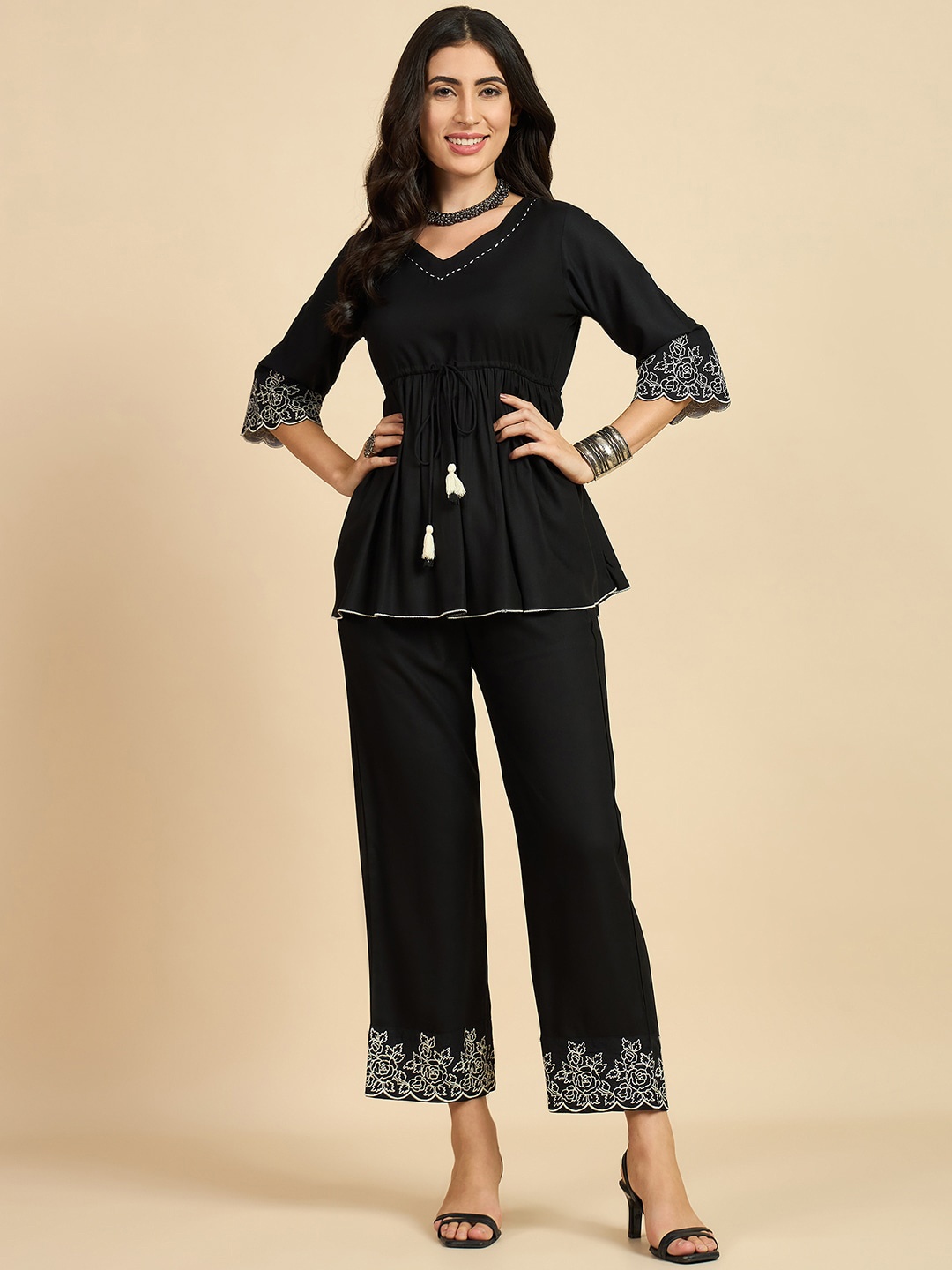 

Azira Embroidered V-Neck Top With Trousers Co-Ords, Black