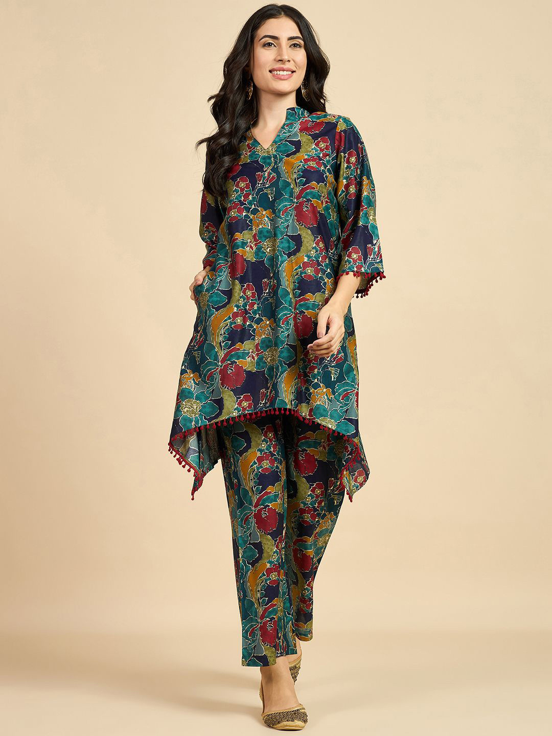 

Azira Floral Printed Mandarin Collar Tunic With Palazzo Co-Ords, Green