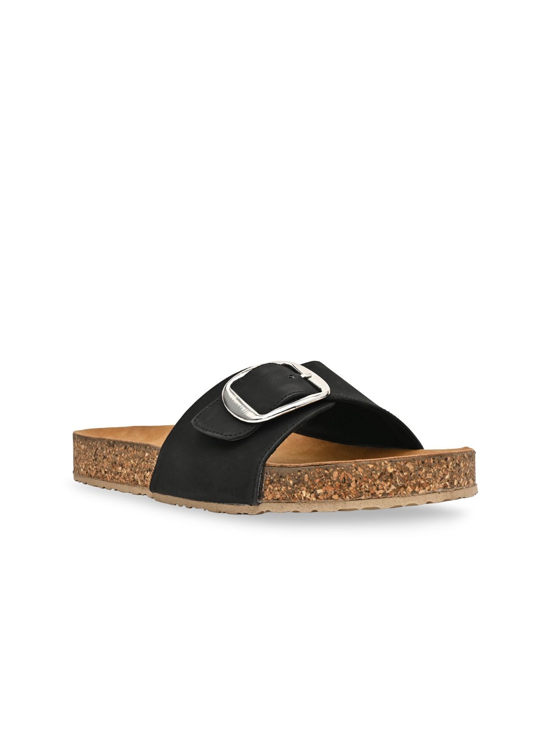 

Rocia Buckle Detail Open Toe Flats, Black