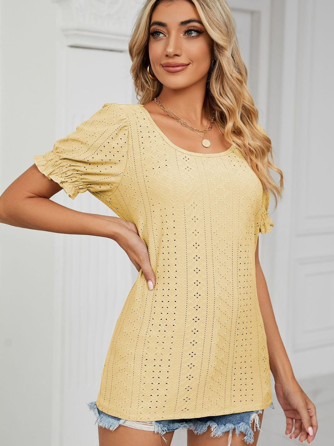 

4WRD by Dressberry Self Design Puff Sleeves Top, Yellow