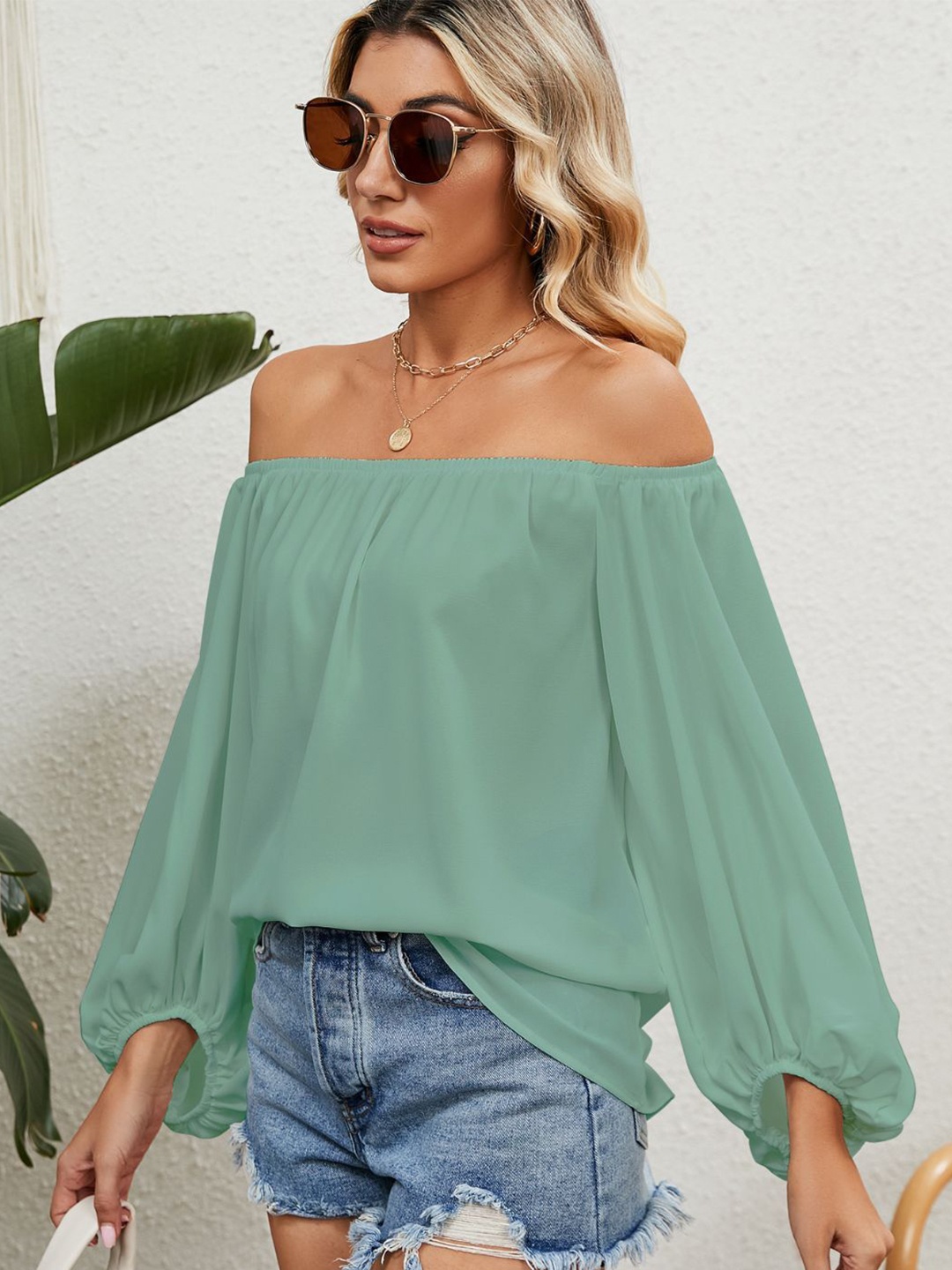 

4WRD by Dressberry Off-Shoulder Puff Sleeve Bardot Top, Sea green