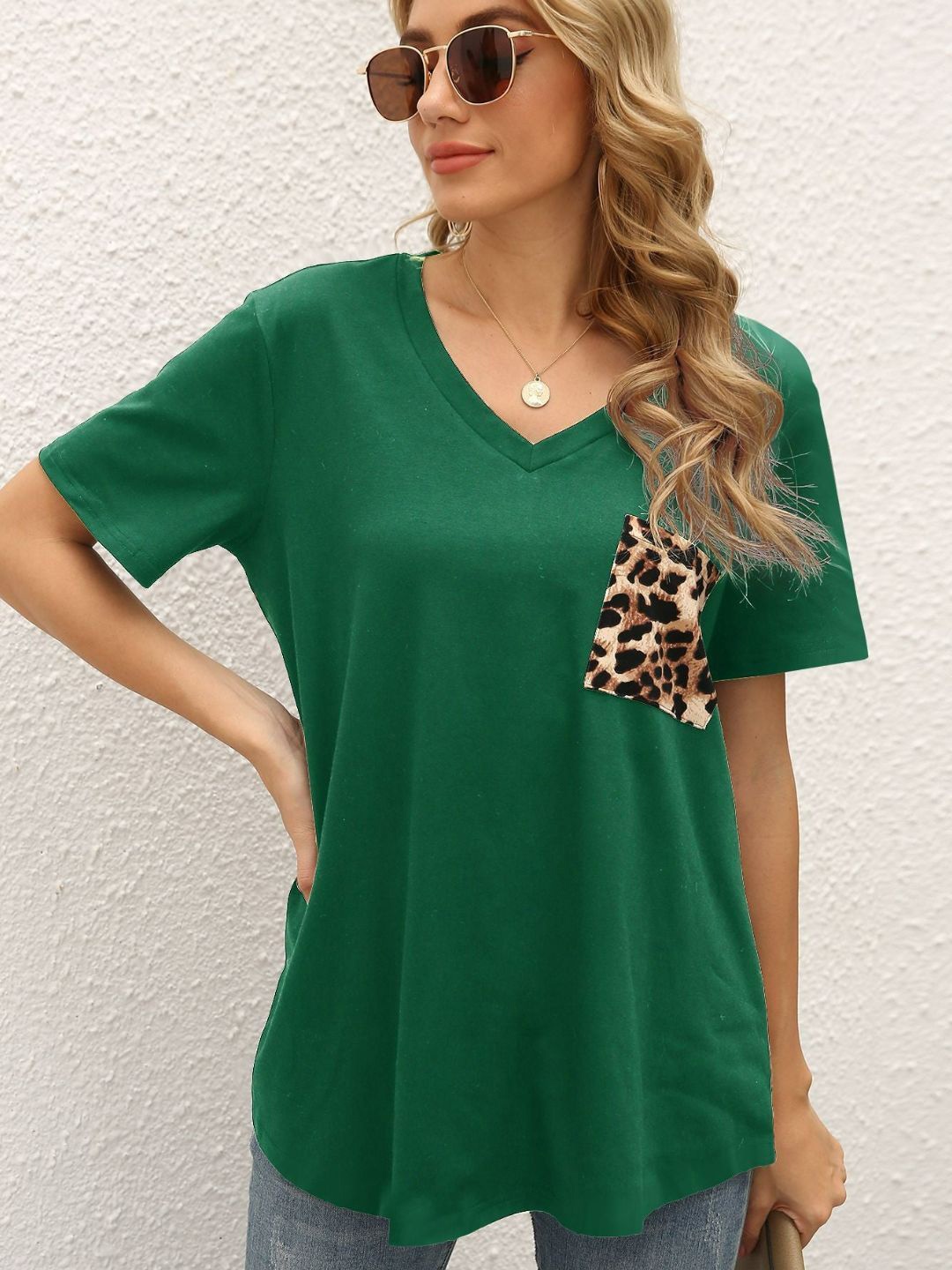 

4WRD by Dressberry Green & Beige Animal Printed Short Sleeves V-Neck Regular Top