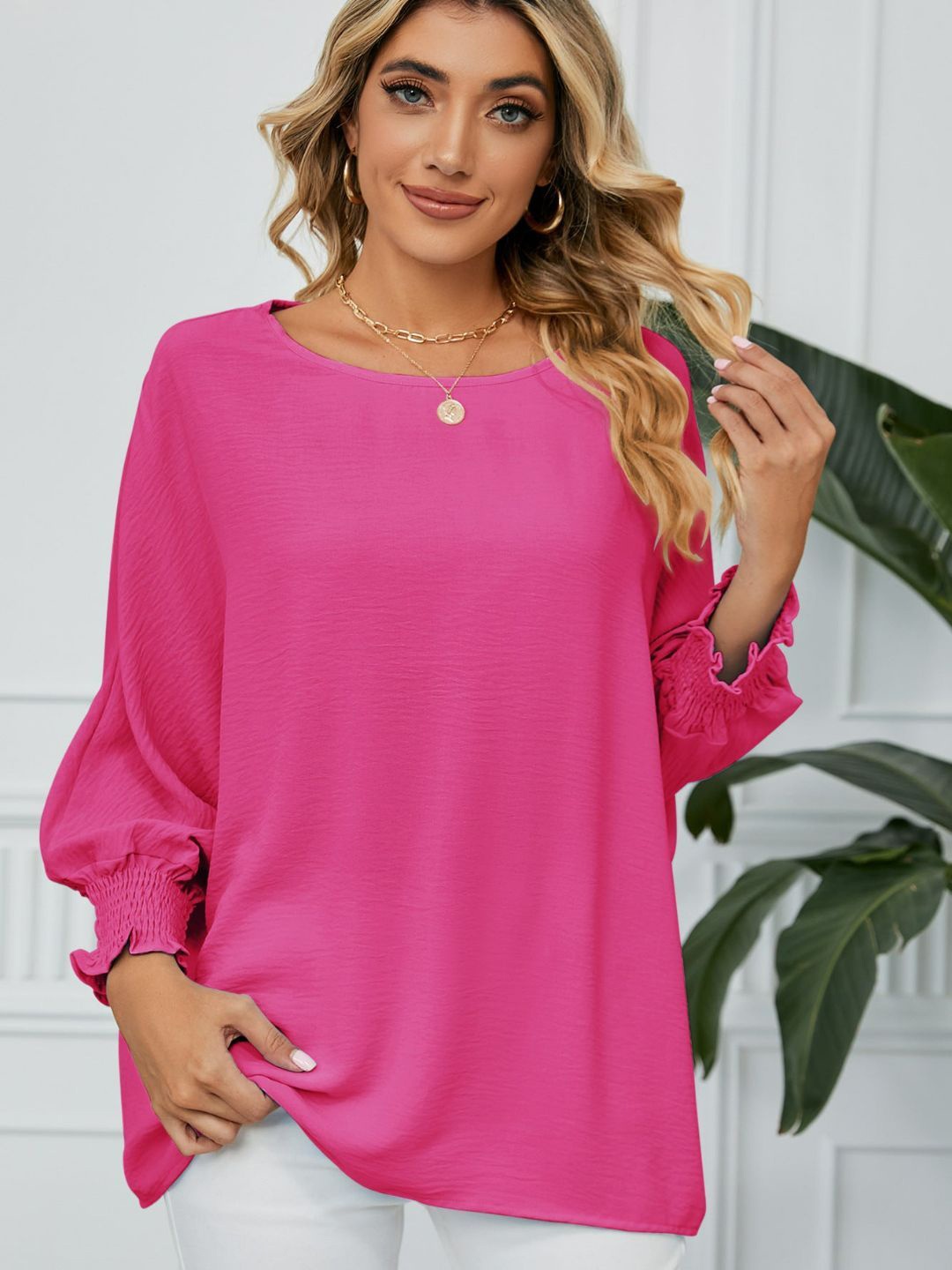 

4WRD by Dressberry Pink Round Neck long Cuffed Sleeves Regular Top