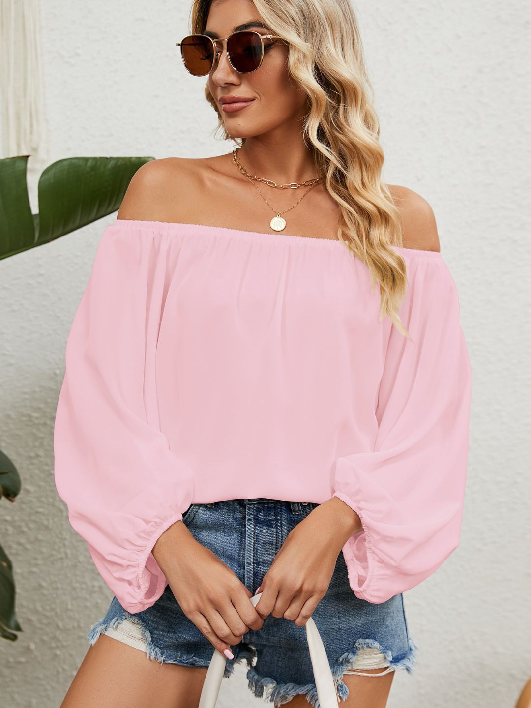 

4WRD by Dressberry Off-Shoulder Puff Sleeve Bardot Top, Pink