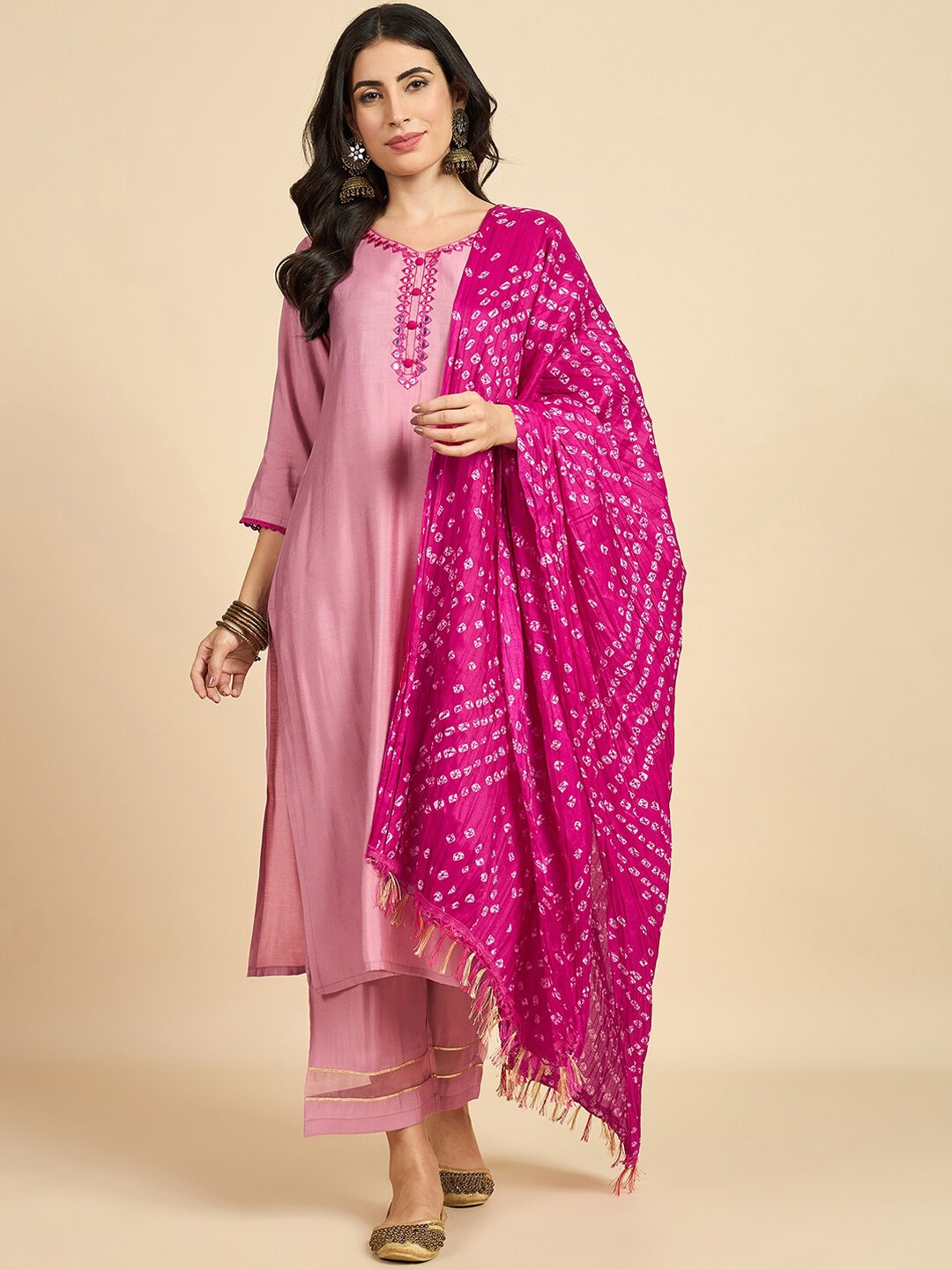 

Azira V-Neck Regular Mirror Work Straight Kurta With Palazzos & Dupatta, Pink