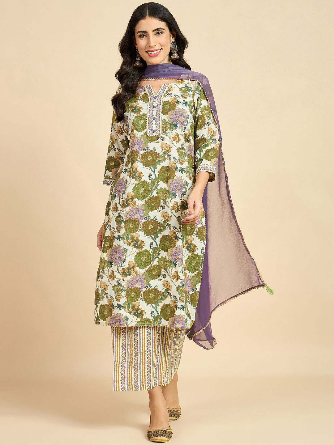 

Azira Floral Print Regular Pure Cotton Gotta Patti Straight Kurta With Palazzos & Dupatta, Green