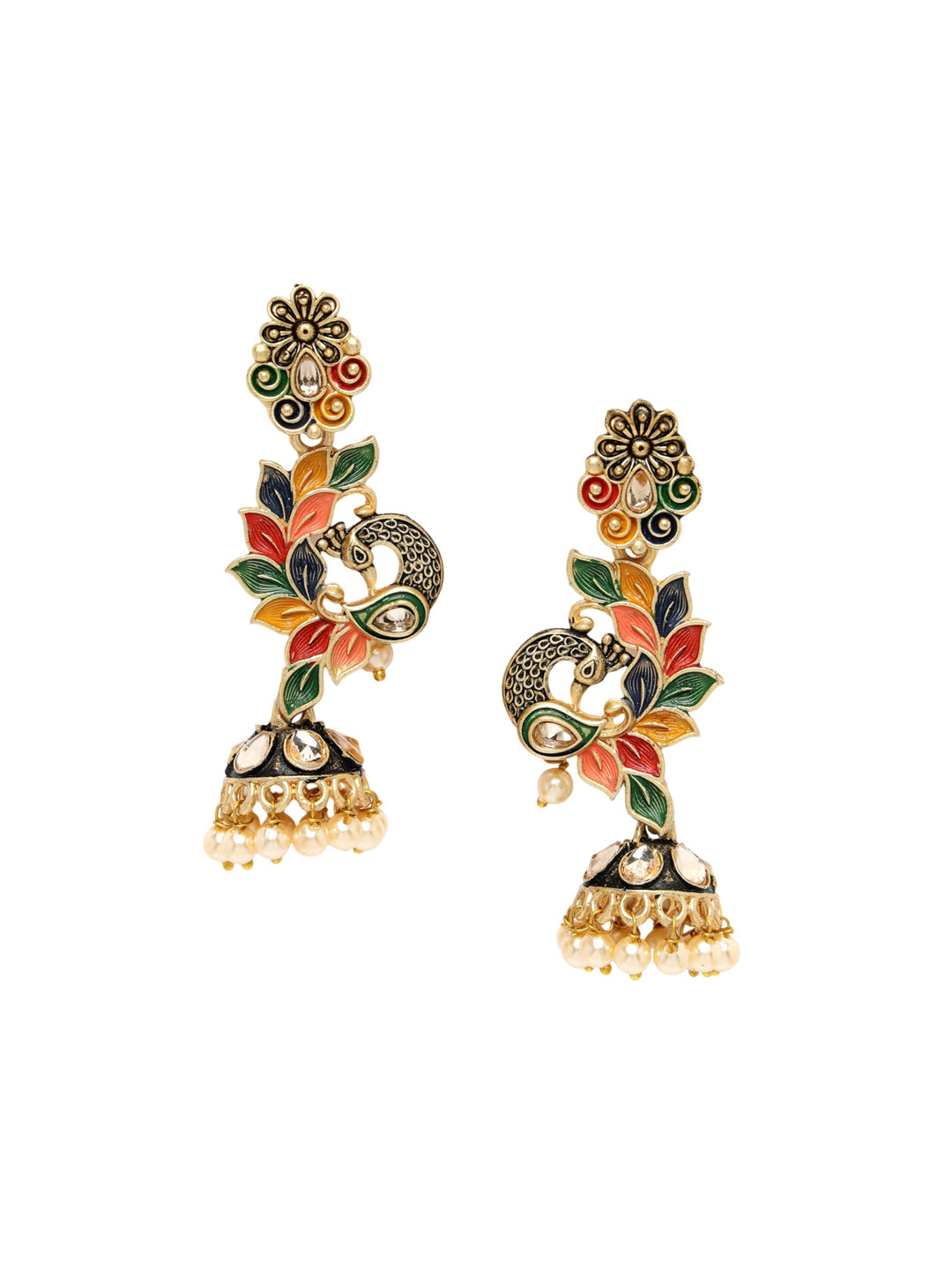 

ADIVA Gold-Plated Kundan Studded Peacock Shaped Jhumkas