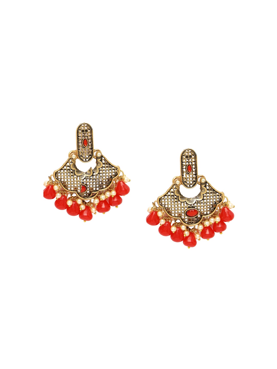 

ADIVA Gold-Plated Stone-Studded & Pearl Beaded Antique Drop Earrings