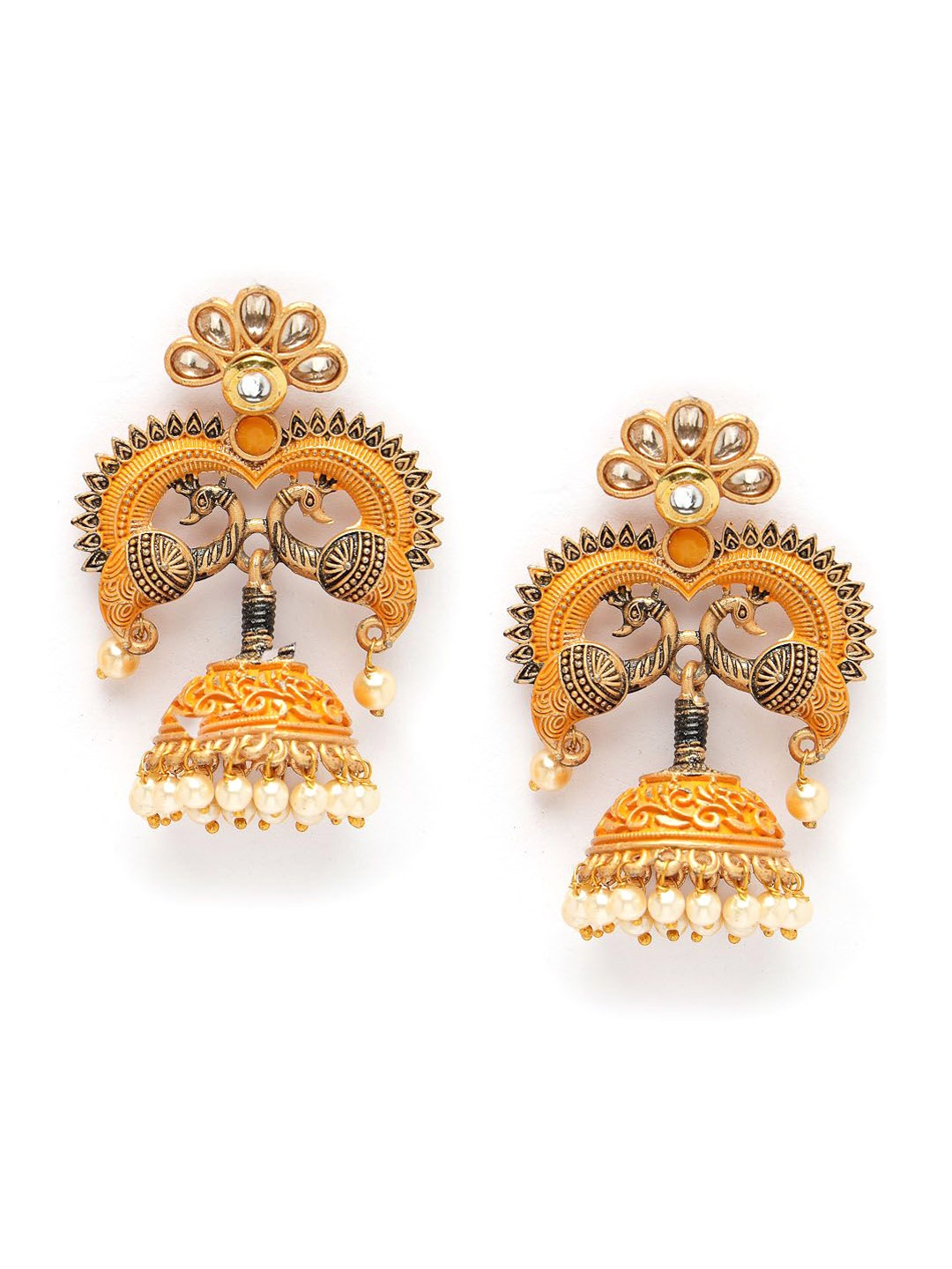 

ADIVA Gold-Plated Kundan Studded & Beaded Drop Earrings