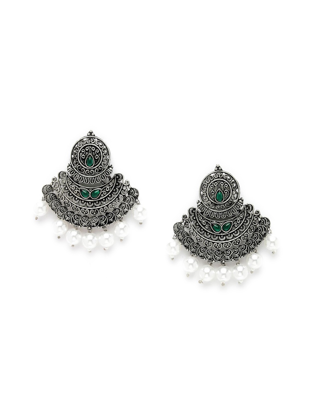 

ADIVA Silver-Plated Stone Studded & Beaded Crescent Shaped Drop Earrings